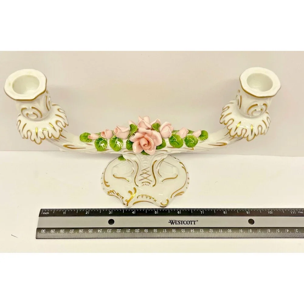 Vintage AK W. Germany Double Porcelain Candle Holder 700–Pink Rose Dresden Style